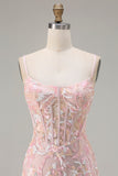 Blush Pink Corset Sheath Appliqued Prom Dress