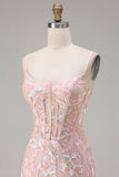 Blush Pink Corset Sheath Appliqued Prom Dress