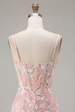 Blush Pink Corset Sheath Appliqued Prom Dress