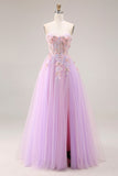 Lilac Sweetheart Corset Beaded Appliqued A Line Long Prom Dress with Slit