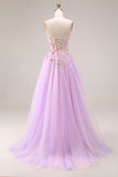 Lilac Sweetheart Corset Beaded Appliqued A Line Long Prom Dress with Slit