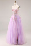 Lilac Sweetheart Corset Beaded Appliqued A Line Long Prom Dress with Slit