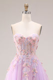 Lilac Sweetheart Corset Beaded Appliqued A Line Long Prom Dress with Slit