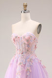 Lilac Sweetheart Corset Beaded Appliqued A Line Long Prom Dress with Slit