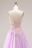 Lilac Sweetheart Corset Beaded Appliqued A Line Long Prom Dress with Slit