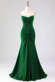 Dark Green Strapless Mermaid Ruched Prom Dress