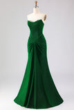 Dark Green Strapless Mermaid Ruched Prom Dress