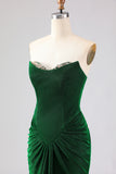 Dark Green Strapless Mermaid Ruched Prom Dress