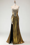 Strapless Bronze Appliqued Beaded Mermaid Prom Dress