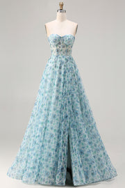 Blue Floral Strapless A Line Corset Beaded Prom Dress