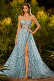 Floral Blue Strapless Corset A Line Beaded Long Prom Dress With Slit