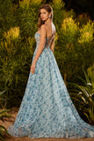 Floral Blue Strapless Corset A Line Beaded Long Prom Dress With Slit