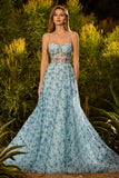 Floral Blue Strapless Corset A Line Beaded Long Prom Dress With Slit