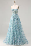 Blue Floral Strapless A Line Corset Beaded Prom Dress