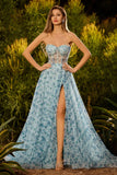 Floral Blue Strapless Corset A Line Beaded Long Prom Dress With Slit