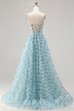 Blue Floral Strapless A Line Corset Beaded Prom Dress