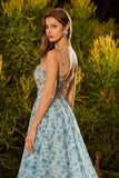 Floral Blue Strapless Corset A Line Beaded Long Prom Dress With Slit