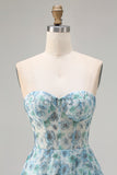 Blue Floral Strapless A Line Corset Beaded Prom Dress