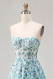 Blue Floral Strapless A Line Corset Beaded Prom Dress