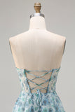 Blue Floral Strapless A Line Corset Beaded Prom Dress
