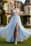 Floral Blue Corset Tulle Spaghetti Straps A Line Long Prom Dress With Slit