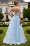 Floral Blue Corset Tulle Spaghetti Straps A Line Long Prom Dress With Slit