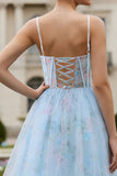 Floral Blue Corset Tulle Spaghetti Straps A Line Long Prom Dress With Slit