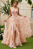 Ivory Embroidery Flower Corset A Line Tulle Prom Dress With Slit