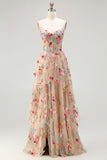 Champagne Floral Corset A Line Embroidered Prom Dress
