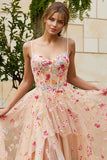 Ivory Embroidery Flower Corset A Line Tulle Prom Dress With Slit