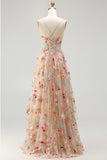 Champagne Floral Corset A Line Embroidered Prom Dress