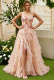 Ivory Embroidery Flower Corset A Line Tulle Prom Dress With Slit