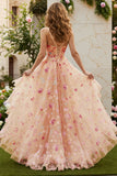 Ivory Embroidery Flower Corset A Line Tulle Prom Dress With Slit