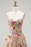 Champagne Floral Corset A Line Embroidered Prom Dress