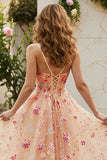 Ivory Embroidery Flower Corset A Line Tulle Prom Dress With Slit
