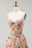 Champagne Floral Corset A Line Embroidered Prom Dress