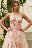 Ivory Embroidery Flower Corset A Line Tulle Prom Dress With Slit