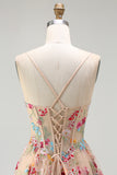 Champagne Floral Corset A Line Embroidered Prom Dress
