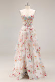 Champagne Floral Corset A Line Embroidered Prom Dress