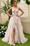 Ivory Embroidery Flower Corset A Line Tulle Prom Dress With Slit