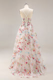 Champagne Floral Corset A Line Embroidered Prom Dress