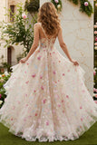 Ivory Embroidery Flower Corset A Line Tulle Prom Dress With Slit