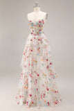 Champagne Floral Corset A Line Embroidered Prom Dress