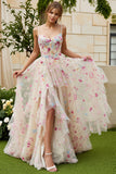 Ivory Embroidery Flower Corset A Line Tulle Prom Dress With Slit
