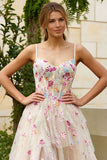 Ivory Embroidery Flower Corset A Line Tulle Prom Dress With Slit