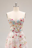 Champagne Floral Corset A Line Embroidered Prom Dress