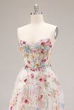 Champagne Floral Corset A Line Embroidered Prom Dress