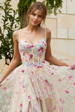 Ivory Embroidery Flower Corset A Line Tulle Prom Dress With Slit