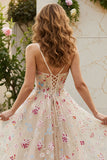 Ivory Embroidery Flower Corset A Line Tulle Prom Dress With Slit