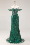Off the Shoulder Sequined Dark Green Beaded Corset Mermaid Long Prom Dress